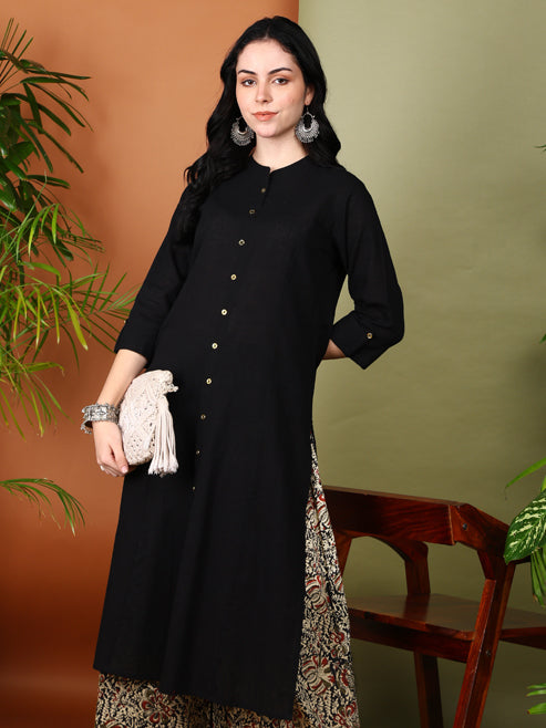 YASH GALLERY Women's Cotton Slub Solid Straight Kurta with Ajarak Printed Palazzo Set Plus Size