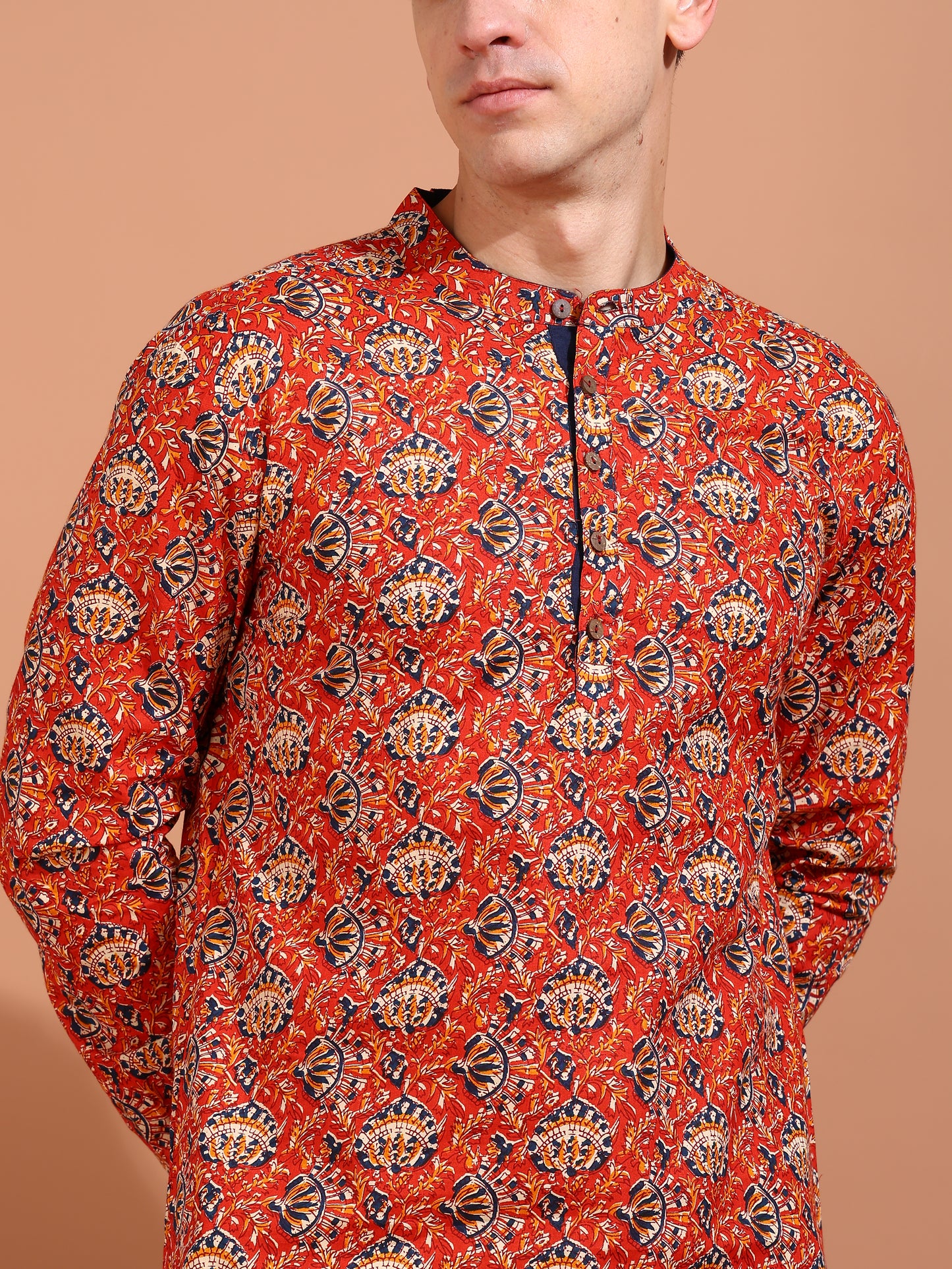 YASH GALLERY Men's Cotton Cambric Kalamkari Printed Nehru Collar Full Sleeves Short Kurta (Red)