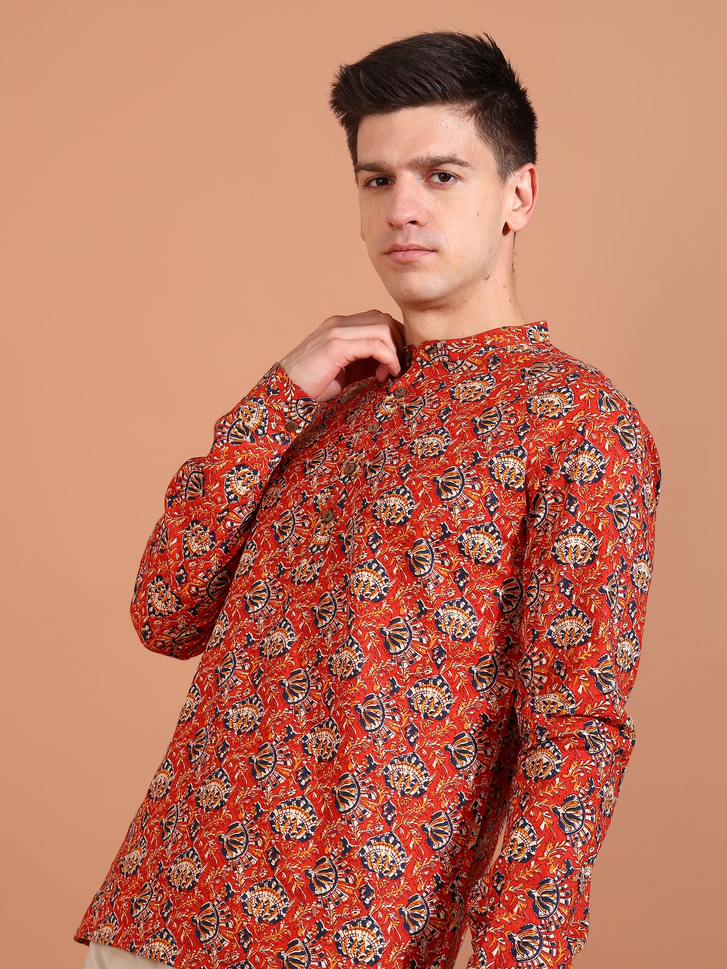 YASH GALLERY Men's Cotton Cambric Kalamkari Printed Nehru Collar Full Sleeves Short Kurta (Red)