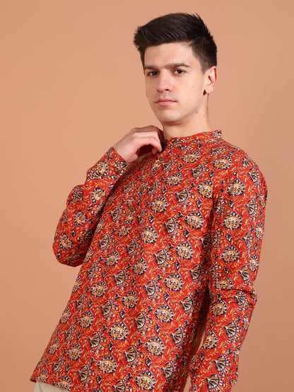 YASH GALLERY Men's Cotton Cambric Kalamkari Printed Nehru Collar Full Sleeves Short Kurta (Red)