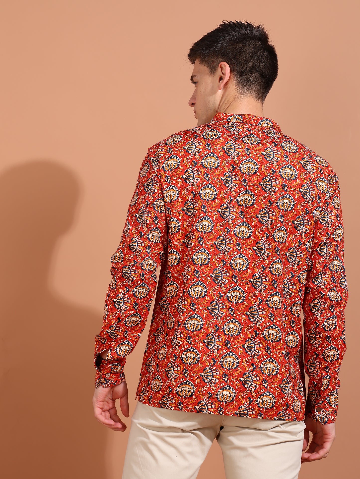 YASH GALLERY Men's Cotton Cambric Kalamkari Printed Nehru Collar Full Sleeves Short Kurta (Red)