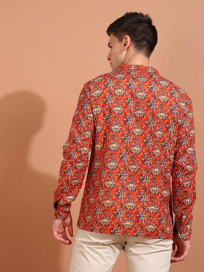 YASH GALLERY Men's Cotton Cambric Kalamkari Printed Nehru Collar Full Sleeves Short Kurta (Red)