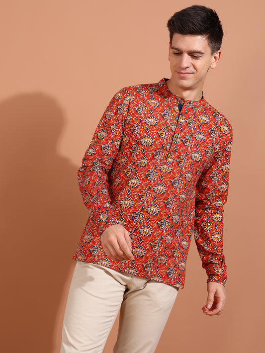 yash gallery mens cotton cambric kalamkari printed nehru collar full sleeves short kurta red