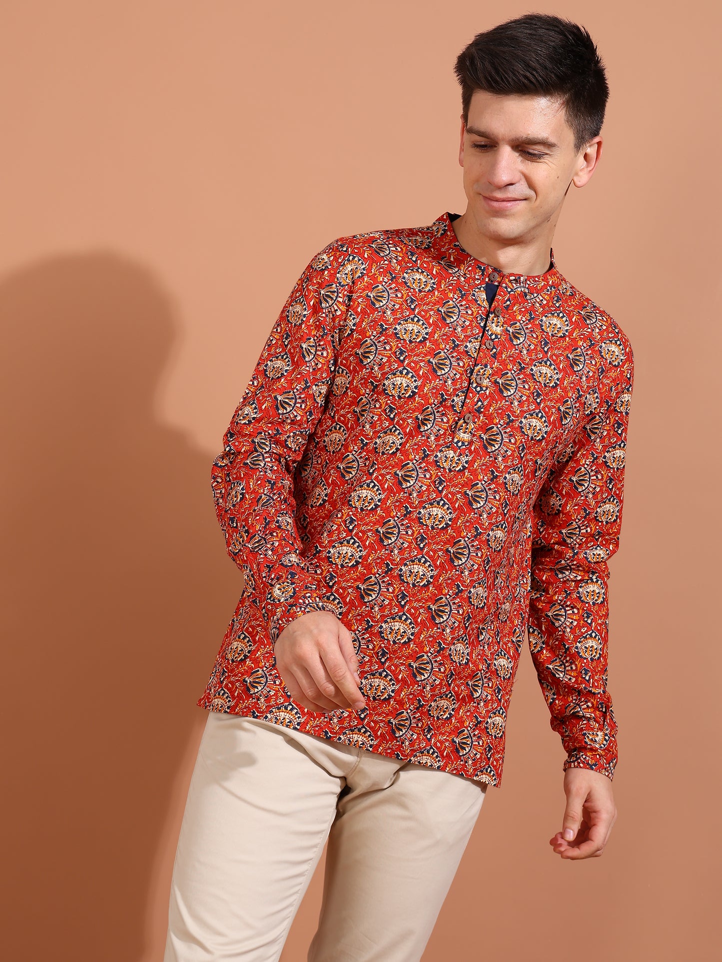 YASH GALLERY Men's Cotton Cambric Kalamkari Printed Nehru Collar Full Sleeves Short Kurta (Red)