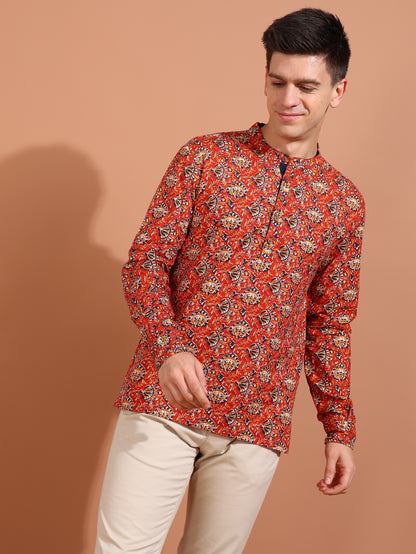 YASH GALLERY Men's Cotton Cambric Kalamkari Printed Nehru Collar Full Sleeves Short Kurta (Red)