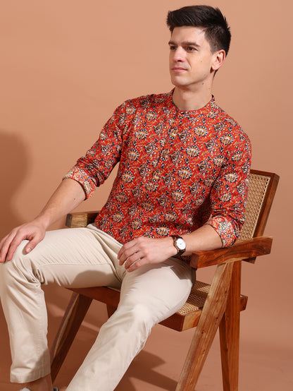 YASH GALLERY Men's Cotton Cambric Kalamkari Printed Nehru Collar Full Sleeves Short Kurta (Red)