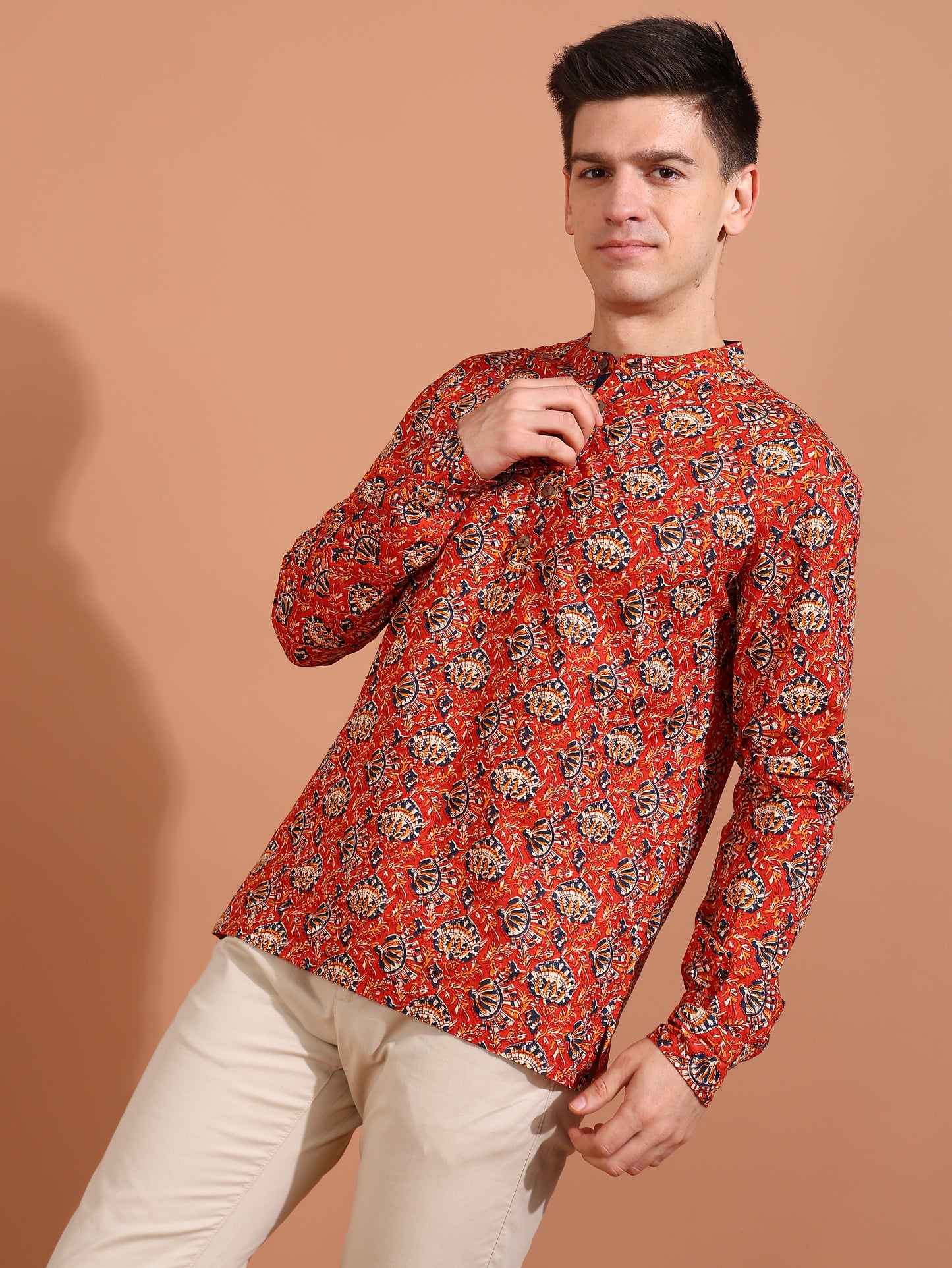YASH GALLERY Men's Cotton Cambric Kalamkari Printed Nehru Collar Full Sleeves Short Kurta (Red)