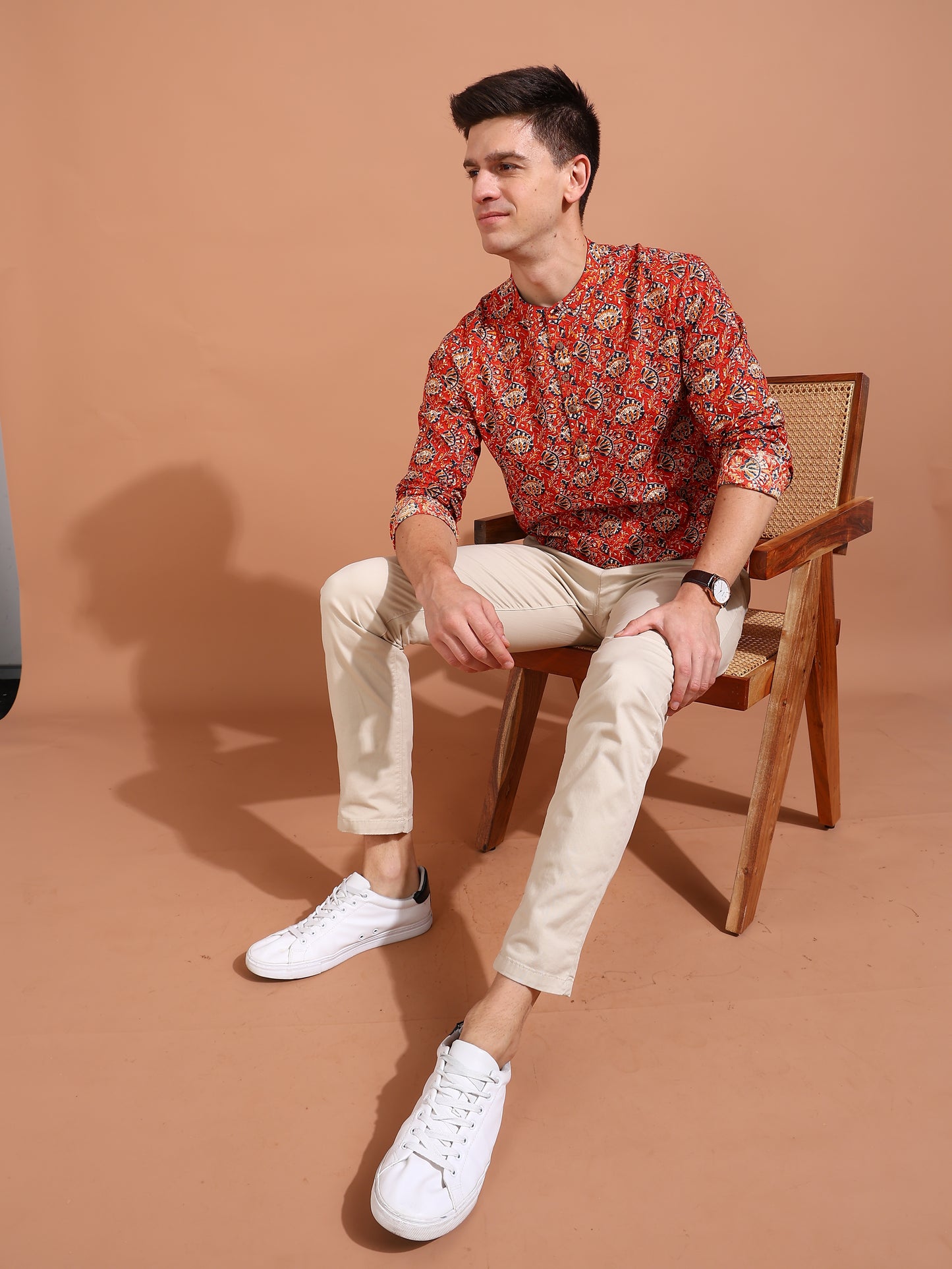 YASH GALLERY Men's Cotton Cambric Kalamkari Printed Nehru Collar Full Sleeves Short Kurta (Red)
