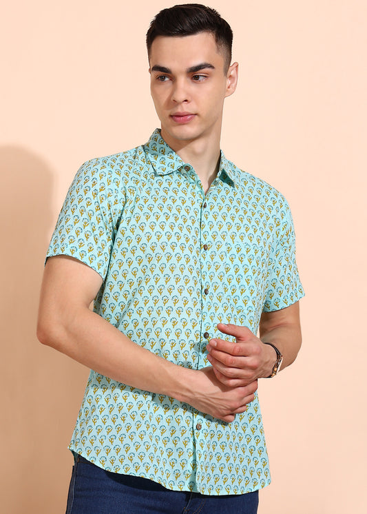 Yash Gallery Men's Cotton Cambric Handblock Print Regular Shirt (Mint)