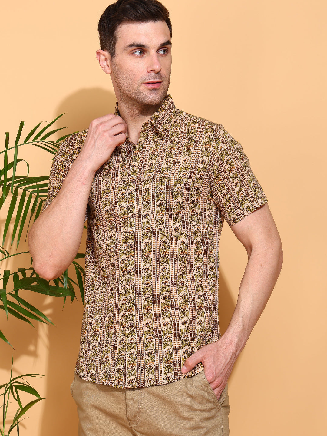 Yash Gallery Men's Printed Cambric Cotton Short Sleeve Shirt