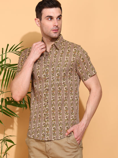 Yash Gallery Men's Printed Cambric Cotton Short Sleeve Shirt