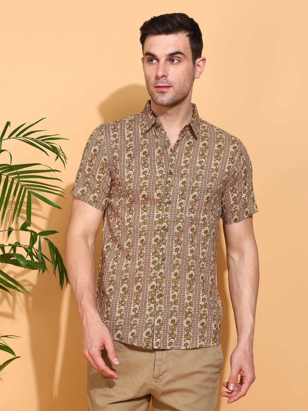 Yash Gallery Men's Printed Cambric Cotton Short Sleeve Shirt