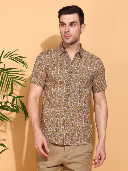Yash Gallery Men's Printed Cambric Cotton Short Sleeve Shirt