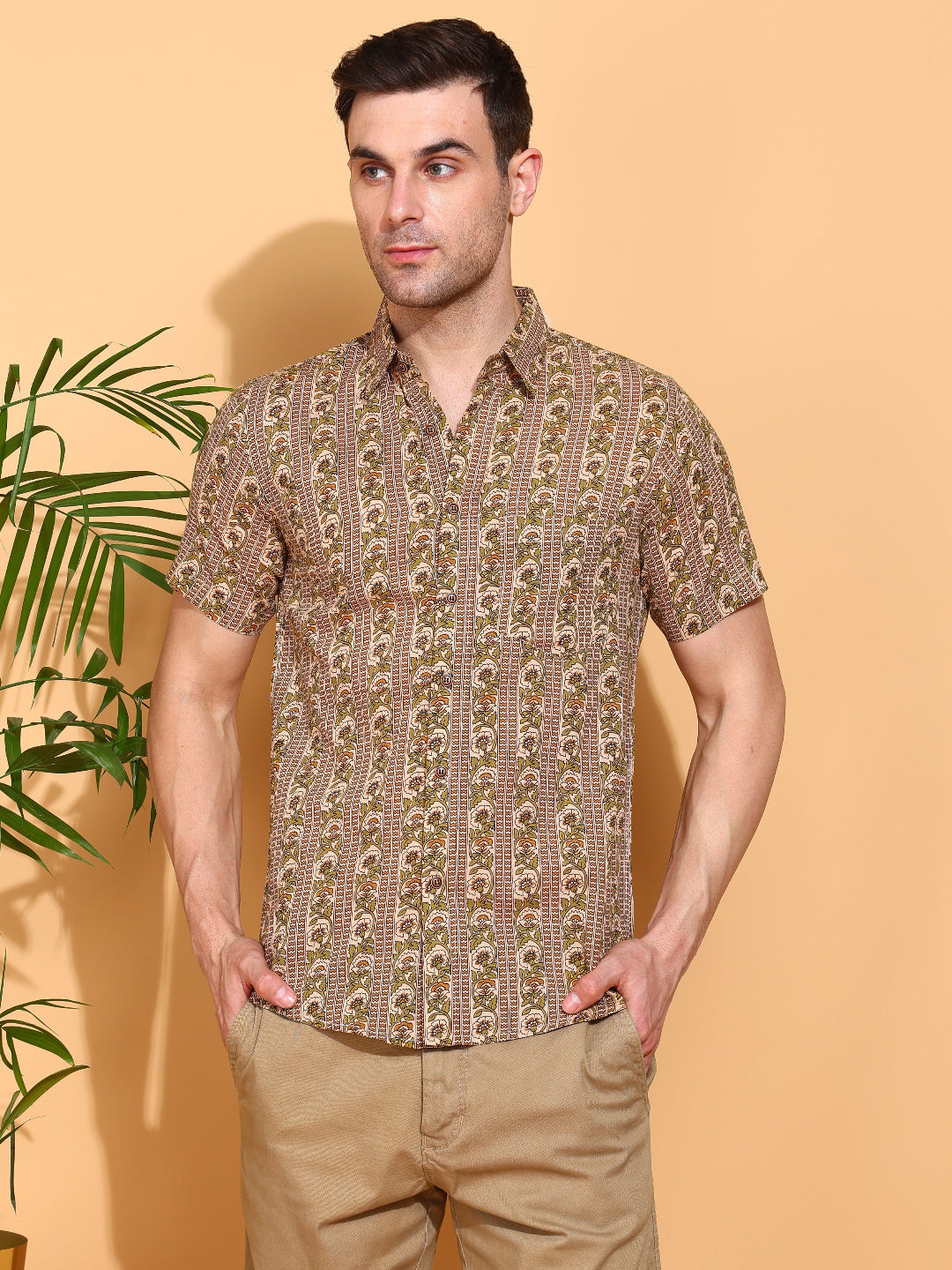 Yash Gallery Men's Printed Cambric Cotton Short Sleeve Shirt