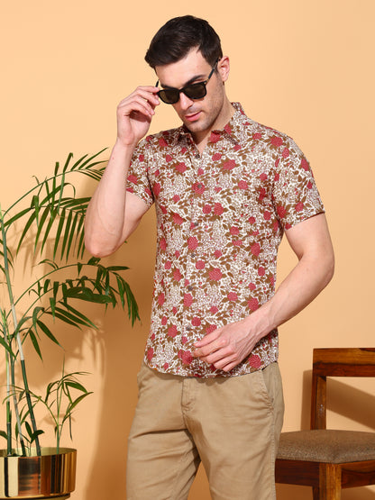 Yash Gallery Men's Floral Printed Cambric Cotton Shirt