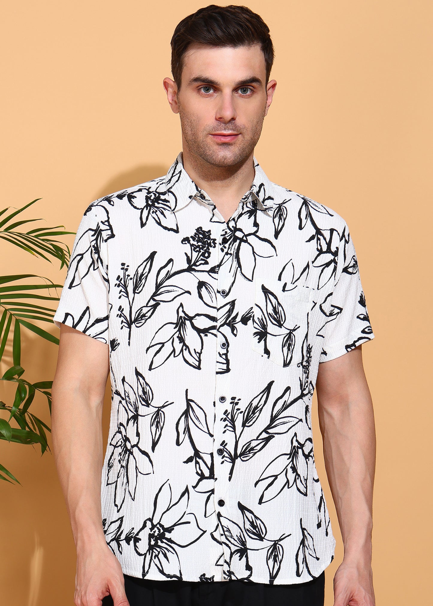 Yash Gallery Men’s Moss Bubble Fabric Short Sleeve Button-Down with Black Floral Print Casual Shirt