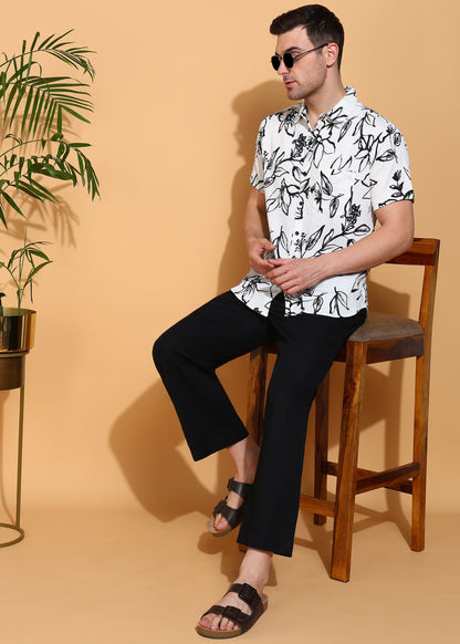 Yash Gallery Men’s Moss Bubble Fabric Short Sleeve Button-Down with Black Floral Print Casual Shirt