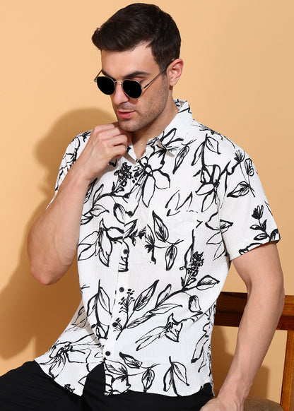 Yash Gallery Men’s Moss Bubble Fabric Short Sleeve Button-Down with Black Floral Print Casual Shirt