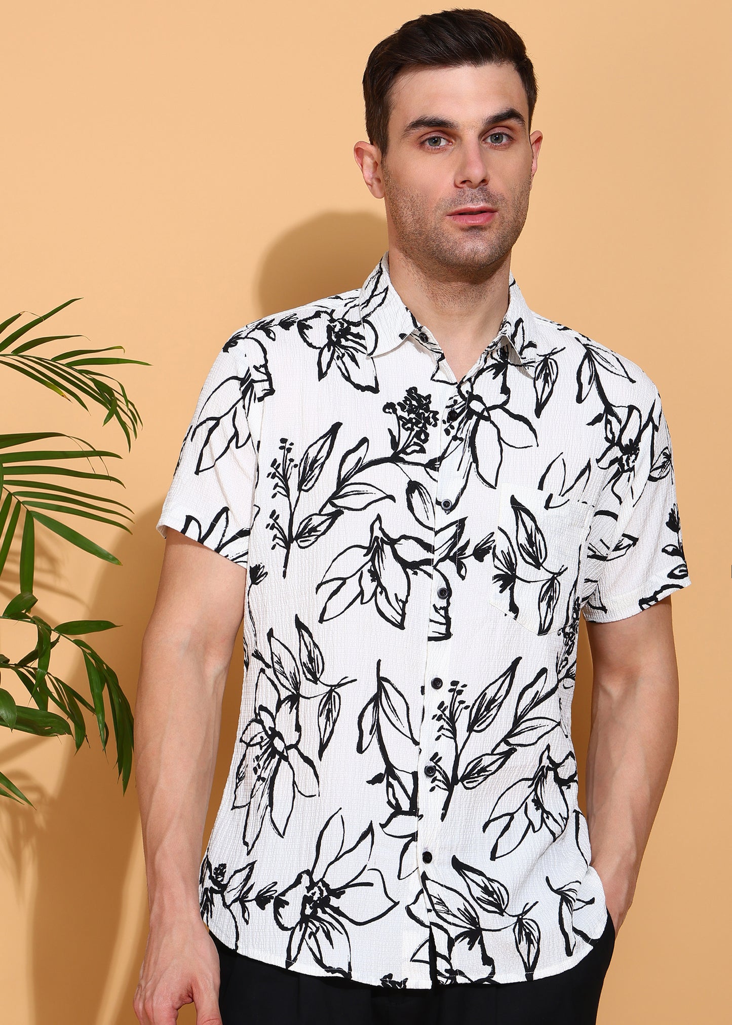 Yash Gallery Men’s Moss Bubble Fabric Short Sleeve Button-Down with Black Floral Print Casual Shirt