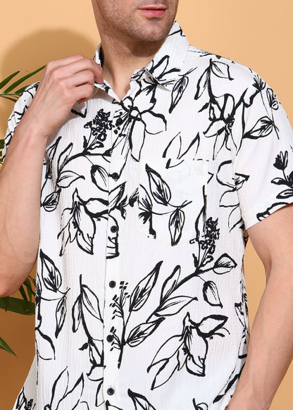 Yash Gallery Men’s Moss Bubble Fabric Short Sleeve Button-Down with Black Floral Print Casual Shirt