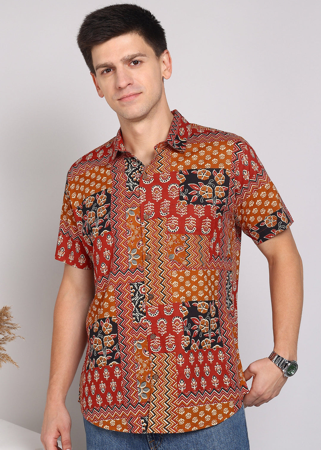 Yash Gallery Men's Printed Cambric Cotton Shirt – Multicolor Short Sleeve Casual Shirt with Ethnic Patchwork Print
