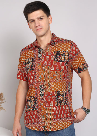 Yash Gallery Men's Printed Cambric Cotton Shirt – Multicolor Short Sleeve Casual Shirt with Ethnic Patchwork Print