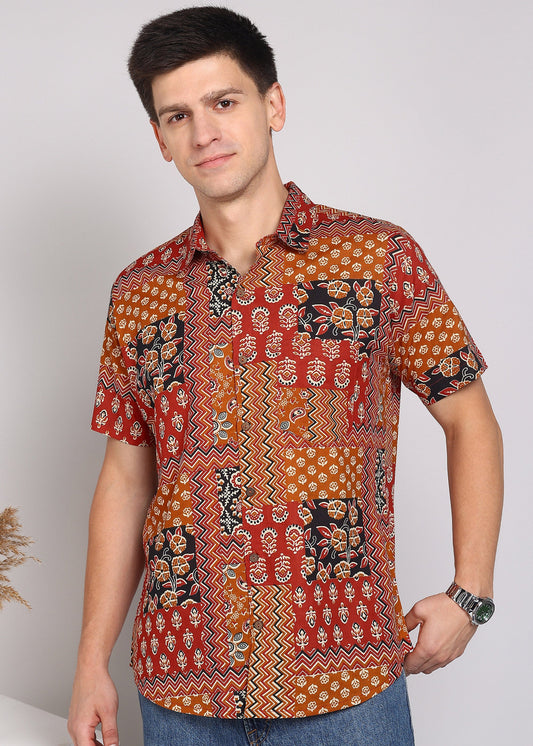 Yash Gallery Men's Printed Cambric Cotton Shirt – Multicolor Short Sleeve Casual Shirt with Ethnic Patchwork Print
