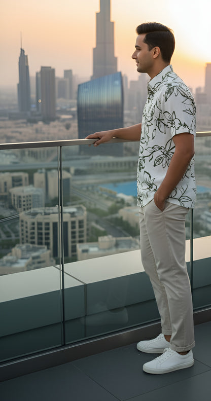 Yash Gallery Men’s Moss Bubble Fabric Short Sleeve Button-Down with Green Floral Print Casual Shirt