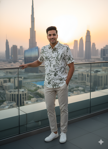 Yash Gallery Men’s Moss Bubble Fabric Short Sleeve Button-Down with Green Floral Print Casual Shirt