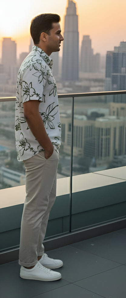 Yash Gallery Men’s Moss Bubble Fabric Short Sleeve Button-Down with Green Floral Print Casual Shirt