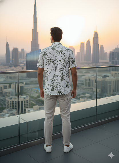 Yash Gallery Men’s Moss Bubble Fabric Short Sleeve Button-Down with Green Floral Print Casual Shirt