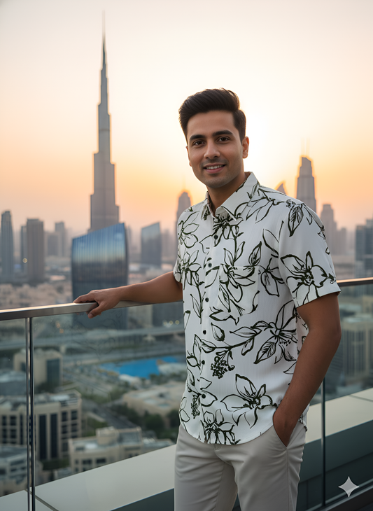 Yash Gallery Men’s Moss Bubble Fabric Short Sleeve Button-Down with Green Floral Print Casual Shirt