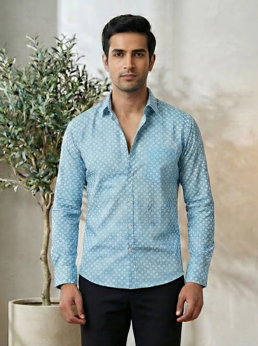 Yash Gallery Men's Premium Cotton Printed Casual Shirt | Full Sleeve | Trendy Blue Designer Shirt for Party, Office & Smart Casual Wear