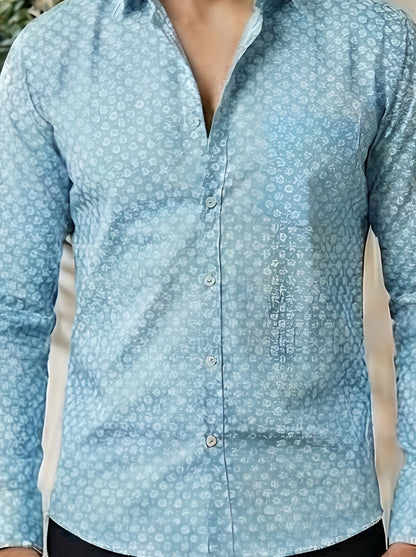 Yash Gallery Men's Premium Cotton Printed Casual Shirt | Full Sleeve | Trendy Blue Designer Shirt for Party, Office & Smart Casual Wear