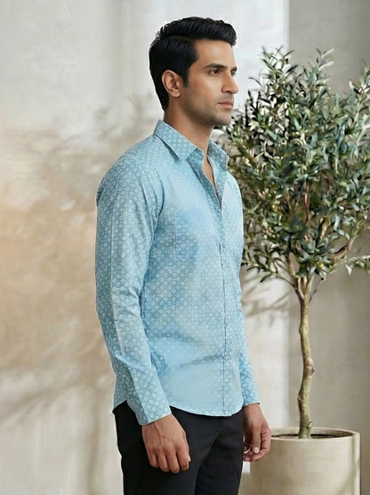 Yash Gallery Men's Premium Cotton Printed Casual Shirt | Full Sleeve | Trendy Blue Designer Shirt for Party, Office & Smart Casual Wear