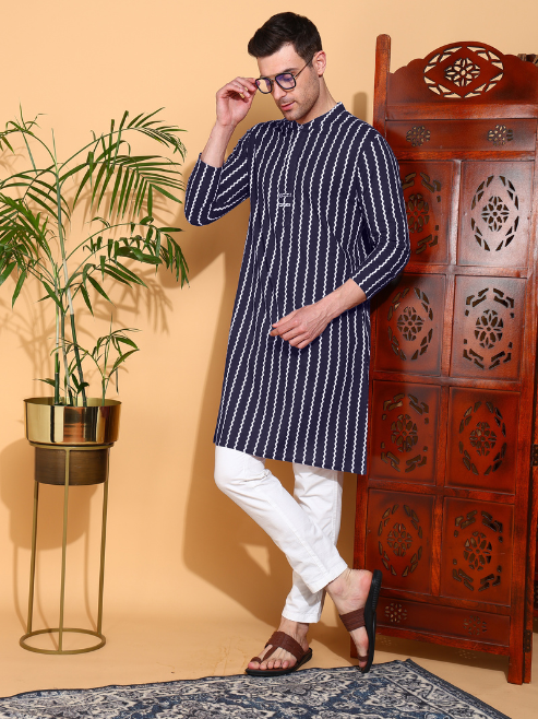 Yash Gallery Men's Cotton ZigZag Print Nehru Collar With Solid Fashion Patti Full Sleeve Kurta (Blue)