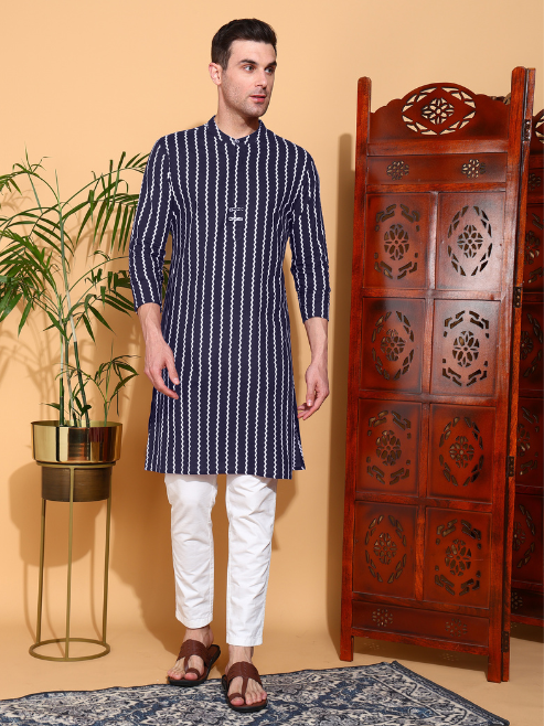 Yash Gallery Men's Cotton ZigZag Print Nehru Collar With Solid Fashion Patti Full Sleeve Kurta (Blue)