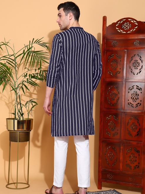 Yash Gallery Men's Cotton ZigZag Print Nehru Collar With Solid Fashion Patti Full Sleeve Kurta (Blue)