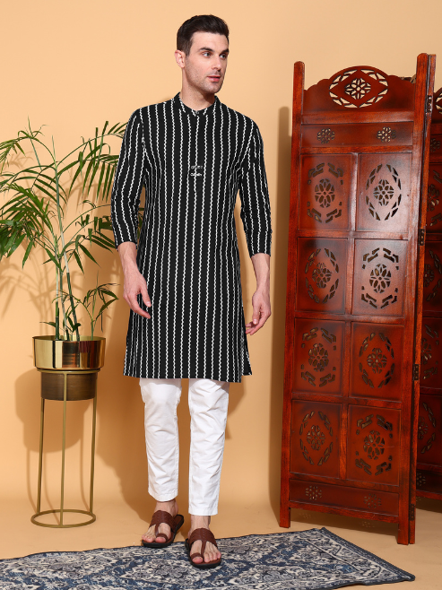Yash Gallery  Men's  Cotton  ZigZag Print   Nehru Collar With Solid Fashion Patti Full Sleeve  Kurta  (Black)