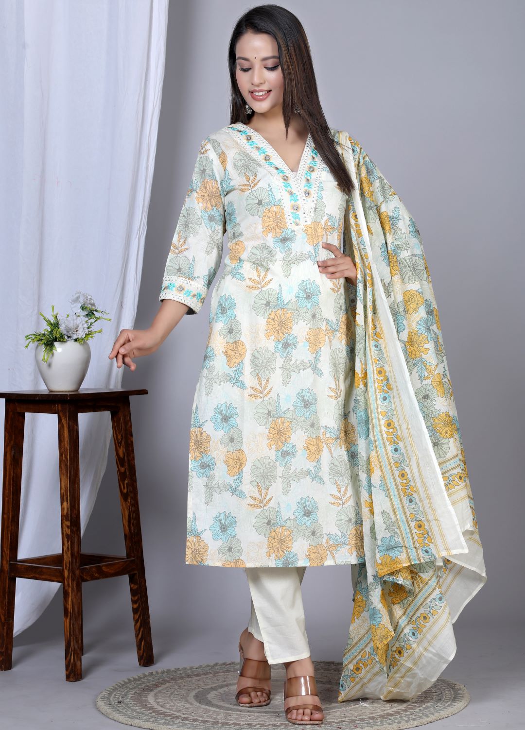 Yash Gallery Women's Floral Printed Embroidered Kurta with Pant & Dupatta Set