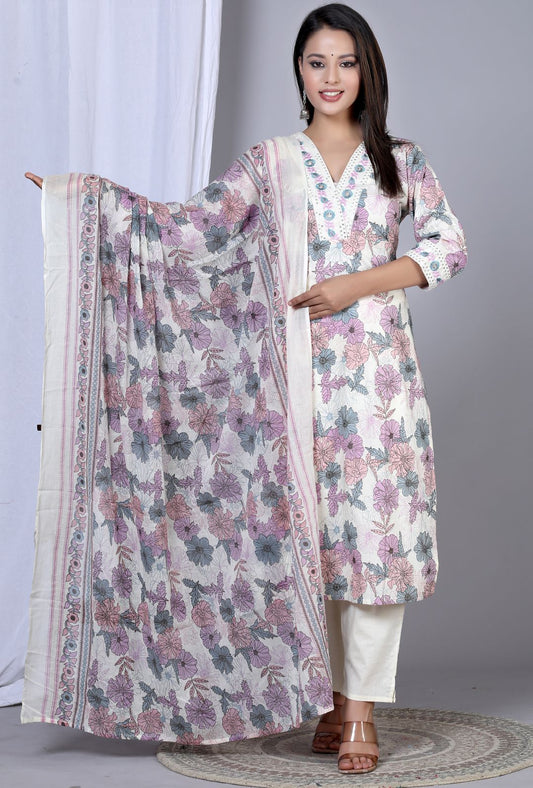 Yash Gallery Women's Floral Printed Embroidered Kurta with Pant & Dupatta Set