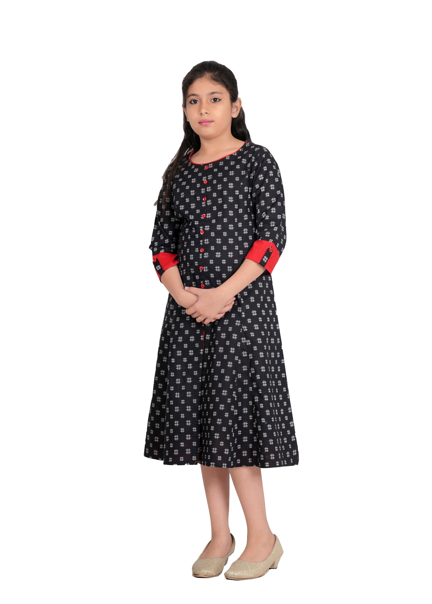 YASH GALLERY Kids Cotton Geometrical Printed Anarkali Kurta (Black)