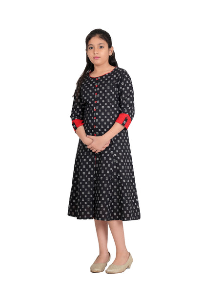 YASH GALLERY Kids Cotton Geometrical Printed Anarkali Kurta (Black)