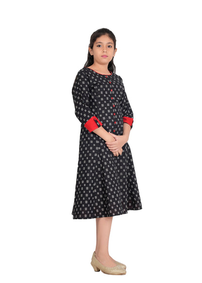 YASH GALLERY Kids Cotton Geometrical Printed Anarkali Kurta (Black)