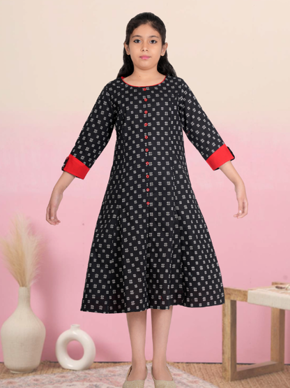 YASH GALLERY Kids Cotton Geometrical Printed Anarkali Kurta (Black)