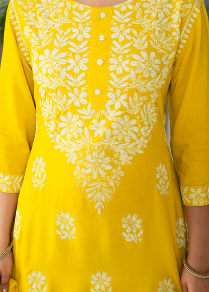 Yash Gallery Women’s Rayon Kurta Printed Chikankari Motifs with Dupatta and Plazzo , Round Neck, 3/4 Sleeves (Yellow)