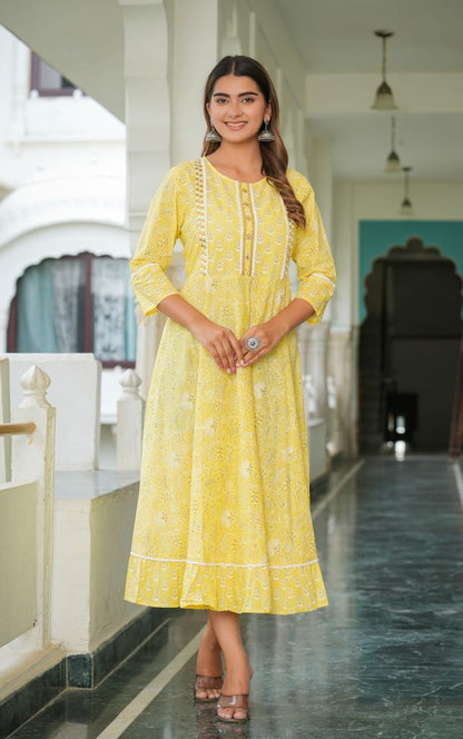 YASH GALLERY Women's Cotton Floral Printed Embroidered Anarkali Kurta (Yellow)