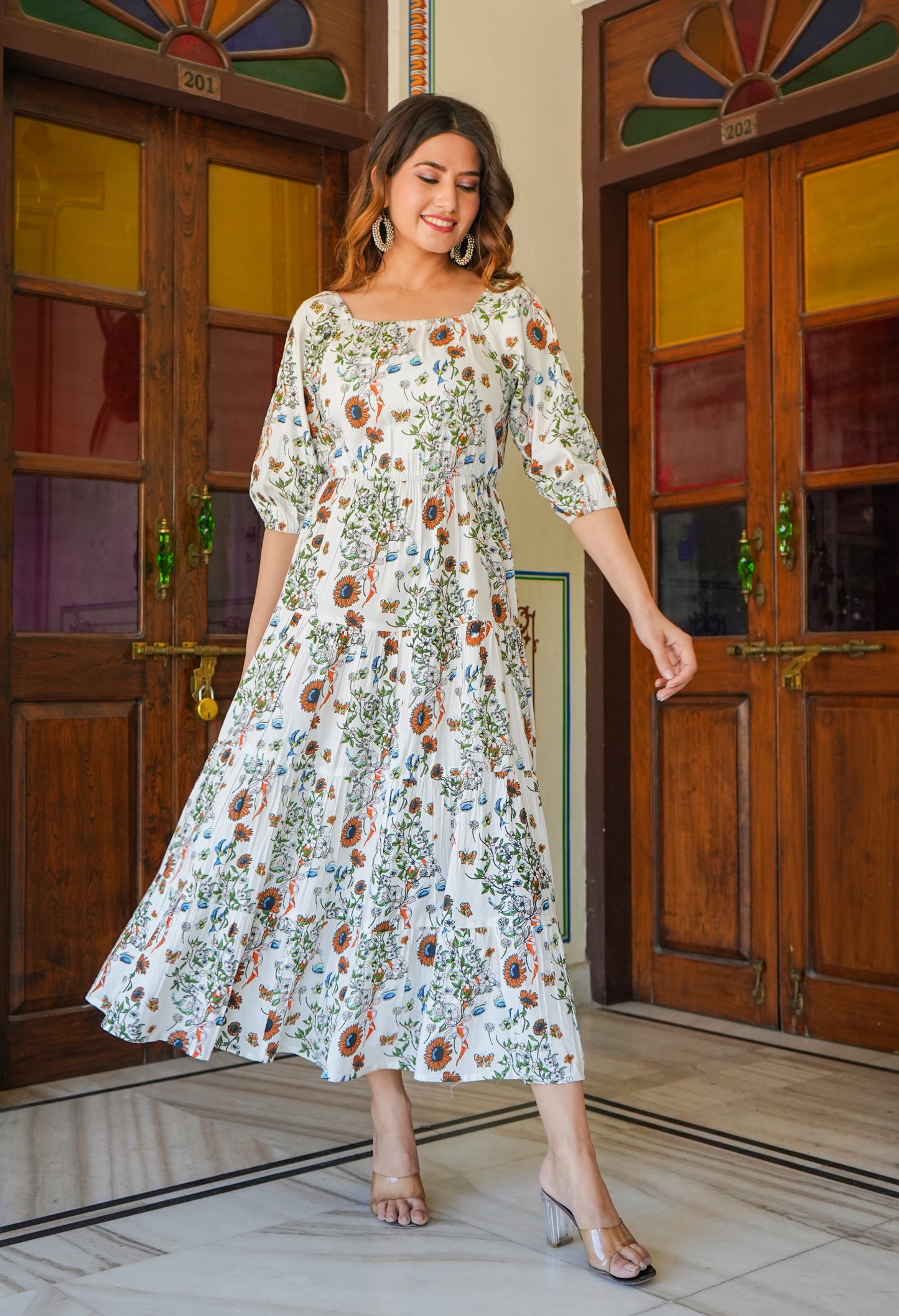 YASH GALLERY Women's Floral Printed Tiered Style Plus Size Dress