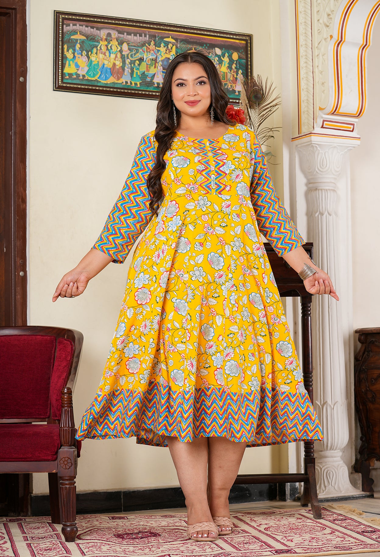 YASH GALLERY Women's Maternity Wear Floral Printed Anarkali Dress (Yellow)