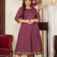 Yash Gallery Women's Cotton Gold Print Anarkali Kurti (Wine)